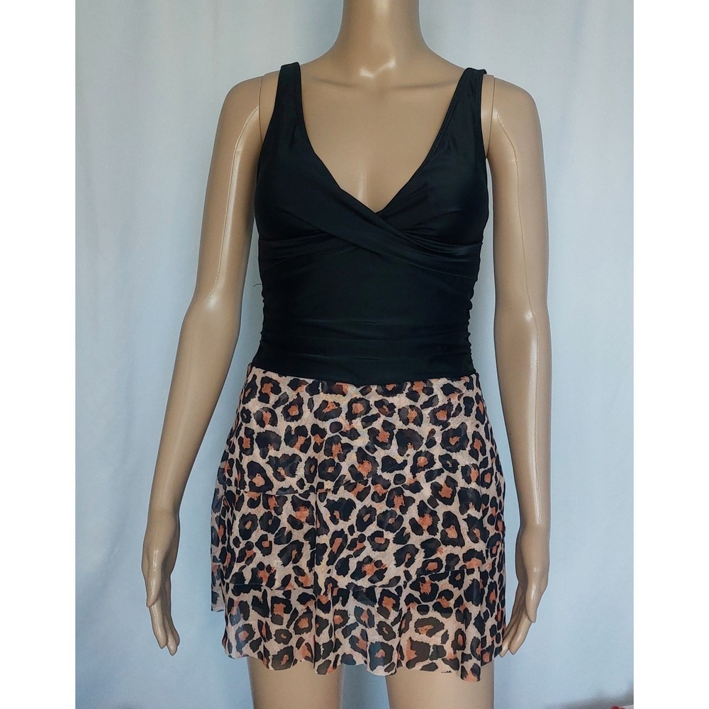 Eagerbuy Leopard Print Women's Halter Shorts Swim Dress blank Brown Size S
